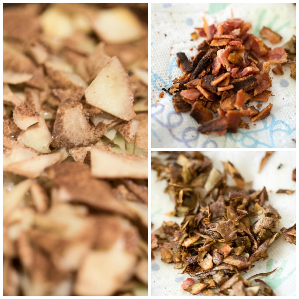 Collage showing cooking the toppings for the loaded baked potato soup, including crispy potato skins and crispy bacon