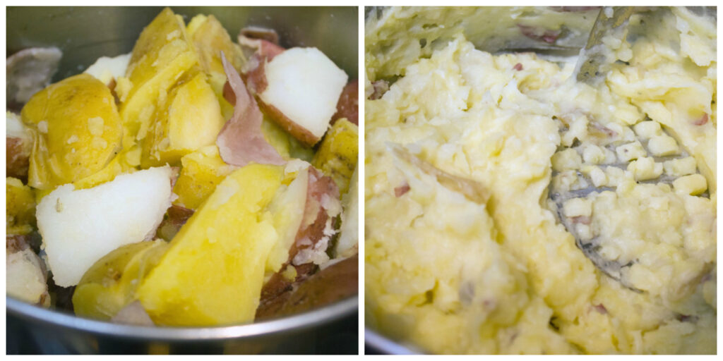 Collage showing process for making loaded mashed potatoes in jars, including pot with cooked potatoes in it and pot with potatoes mashed in it