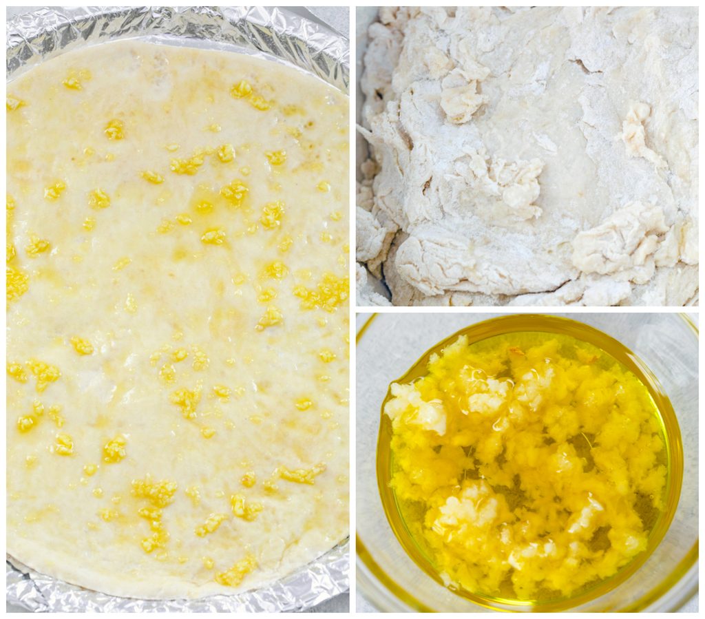Collage showing process for prepping flatbread dough for lobster pizza, including dough rising, olive oil and garlic in a bowl, and flatbread dough rolled out and brushed with garlic olive oil