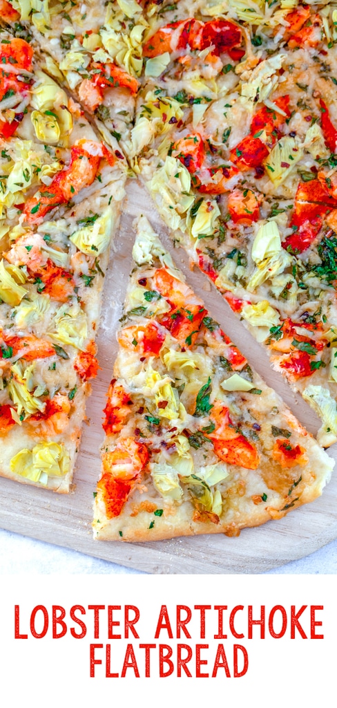 Lobster Artichoke Flatbread -- Lobster is delicious right out of the shell, but this Lobster Artichoke Flatbread will make you realize that lobster is amazing on pizza, too! | wearenotmartha.com #lobster #flatbread #pizza #artichokes