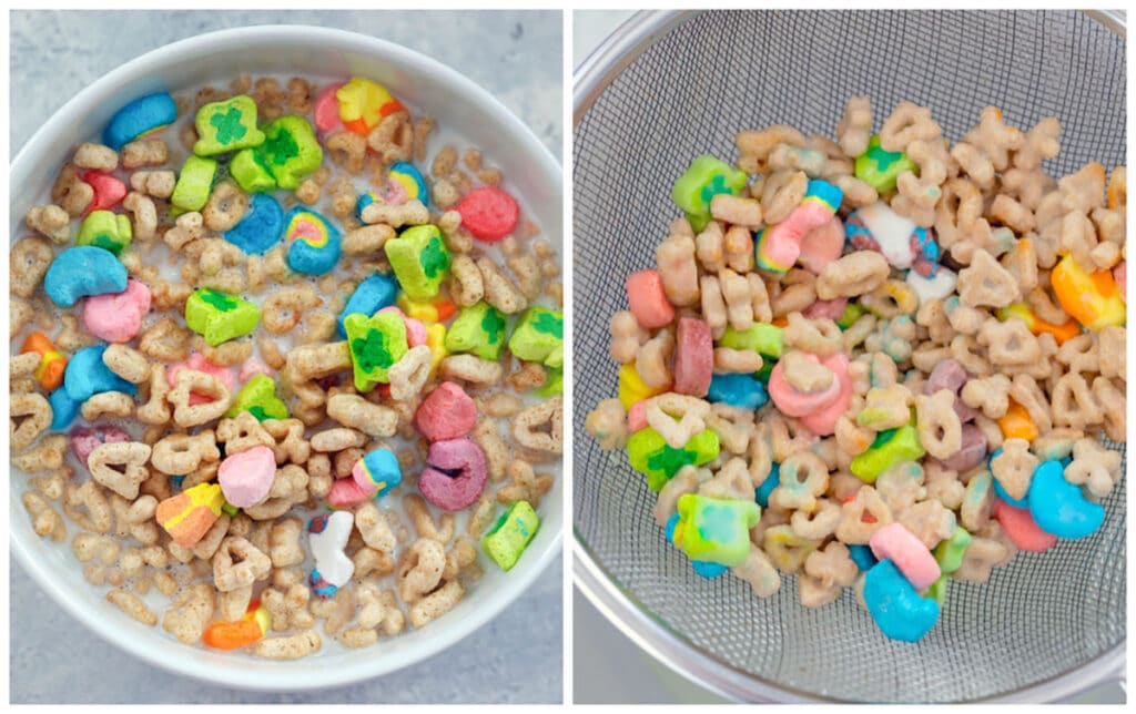 Collage showing process for making cereal-infused milk for Lucky Charms ice cream, including Lucky Charms cereal in a bowl and Lucky Charms cereal being strained out of milk