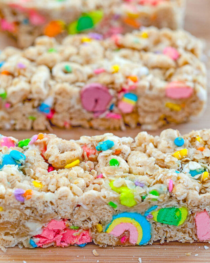Head-on close-up of Lucky Charms granola bars on a board