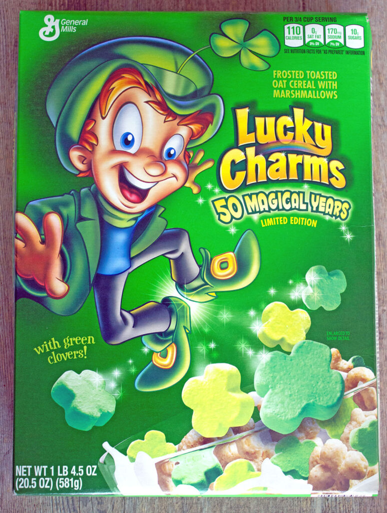 Overhead view of Lucky Charms box with all green marshmallows