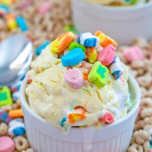 Lucky Charms Ice Cream -- This Lucky Charms Ice Cream is made with cereal-infused milk and packed with extra Lucky Charms marshmallows and marshmallow fluff. Dare I say it's magically delicious? | wearenotmartha.com