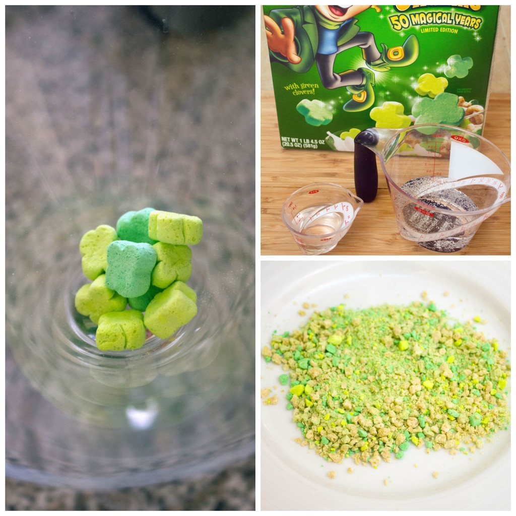 Collage showing green Lucky Charms marshmallow in a martini glass, vodka and soda water, and crushed cereal with marshmallows on a plate