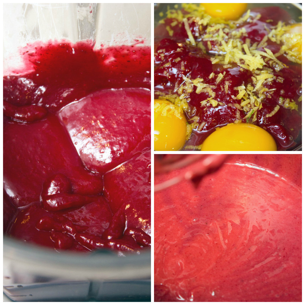 Collage showing cranberry curd making process, including cranberries, egg yolks, and egg yolks in saucepan, cranberry curd in blender, and cranberry curd with butter