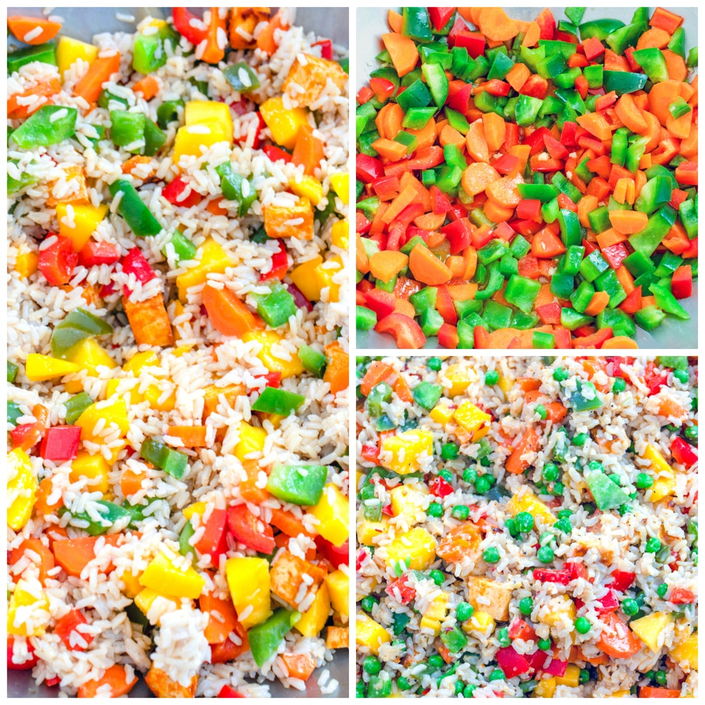 Collage showing process for making mango coconut fried rice, including red peppers, green peppers, and carrots in wok; rice and mango added to wok; and fried rice mixture all stirred together with peas added