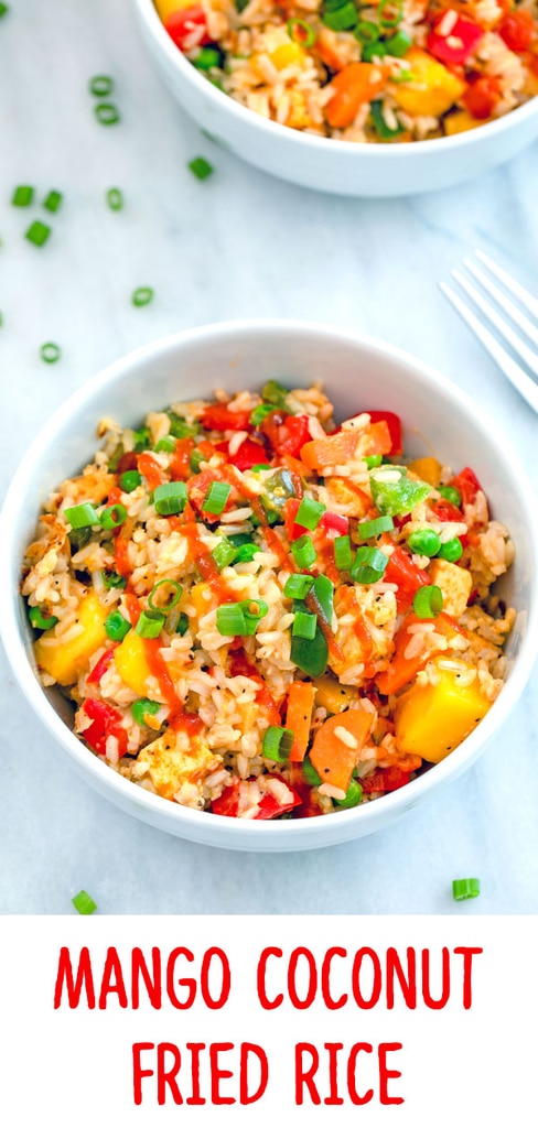 Mango Coconut Fried Rice -- This Mango Coconut Fried Rice is made with coconut brown rice and packed with colorful veggies and mango Sriracha marinated tofu | wearenotmartha.com #friedrice #mango #sriracha #dinner