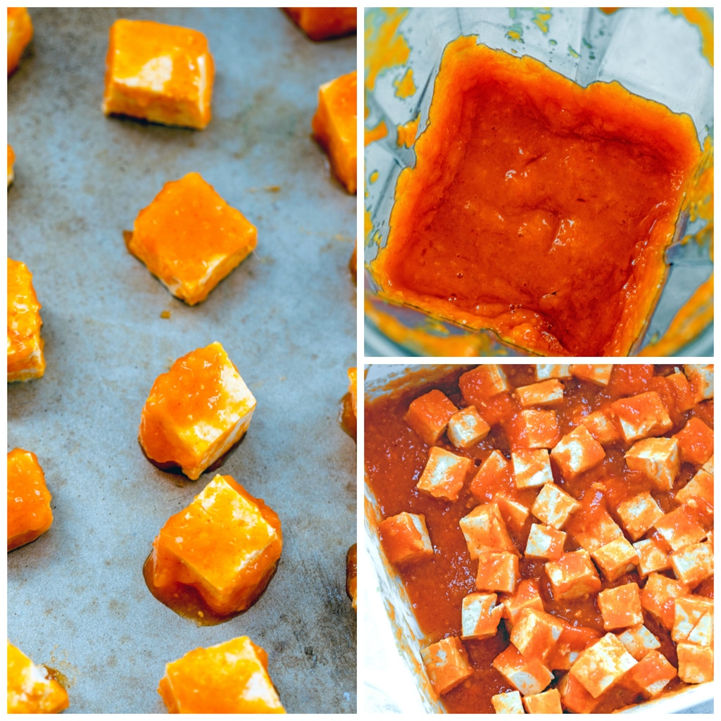 Collage showing process for making mango Sriracha marinated tofu, including marinade in blender, marinade on cubed tofu in baking dish, and marinated tofu on baking sheet