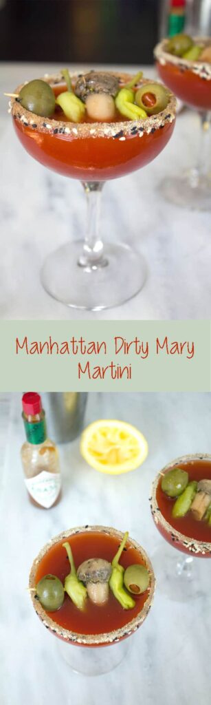 I combined my two favorite cocktail into one with this Manhattan Dirty Mary Martini -- The bloody mary and dirty martini unite! | wearenotmartha.com