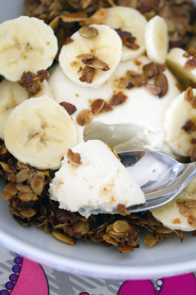 Maple Panna Cotta with Sliced Bananas and Granola -- Because why shouldn't you have panna cotta for brunch? | wearenotmartha.com