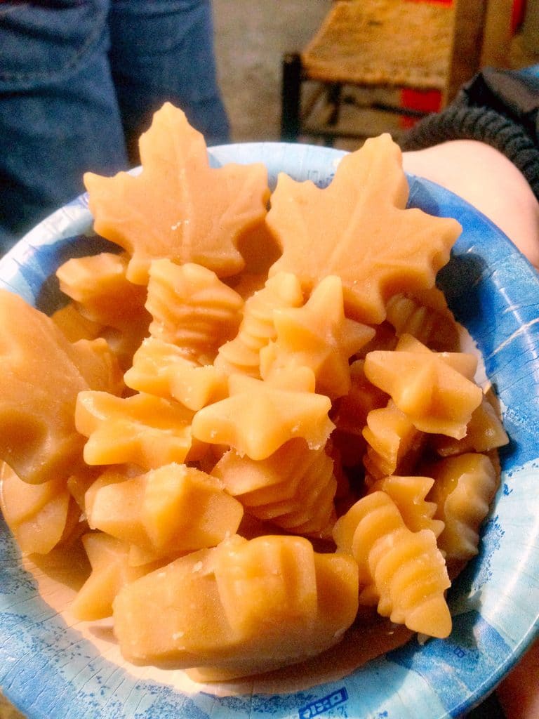 An up-close view of maple candies shaped like maple leaves