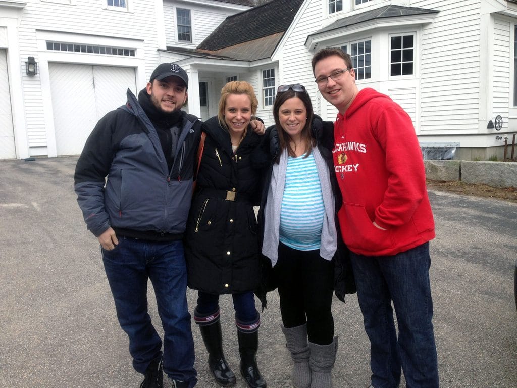 Chris, Sues, Beth, and Adam standing outside the house in New Hampshire where the sugar shack is