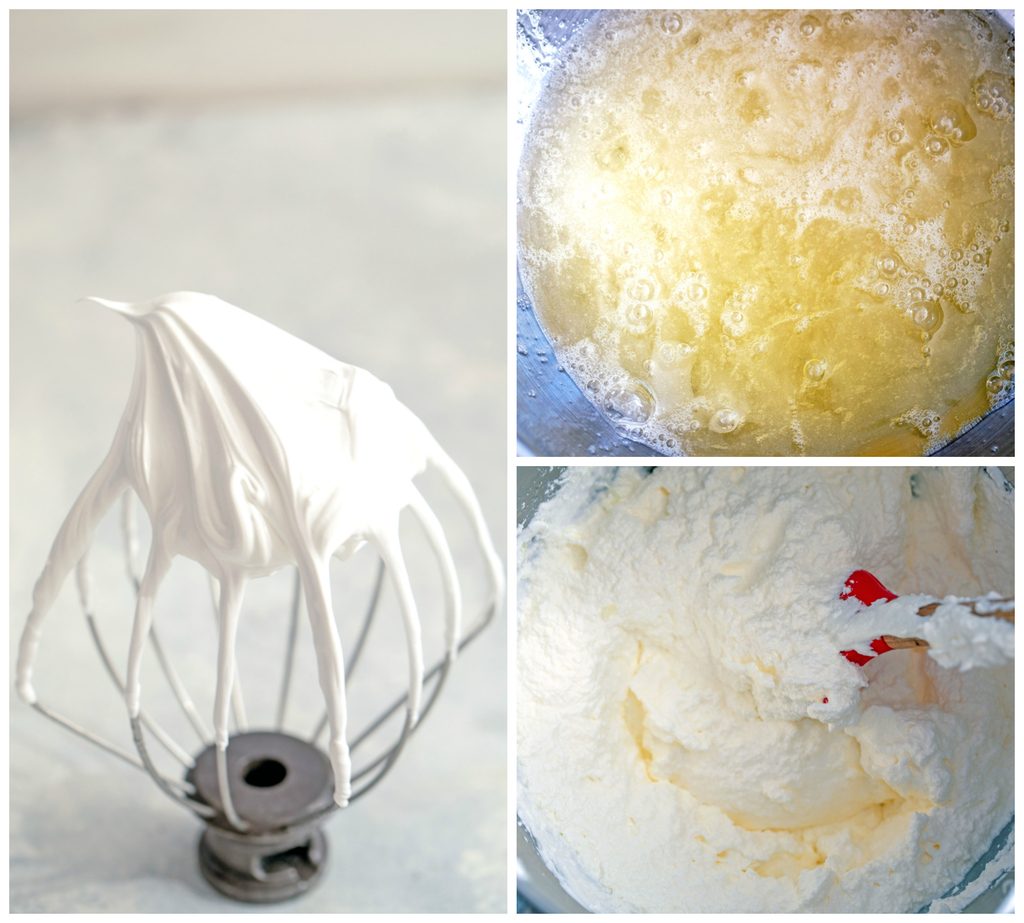 Collage showing process for making margarita frosting for margarita cupcakes, including egg whites in mixing bowl, egg whites in stiff peaks on whisk, and frosting all mixed together