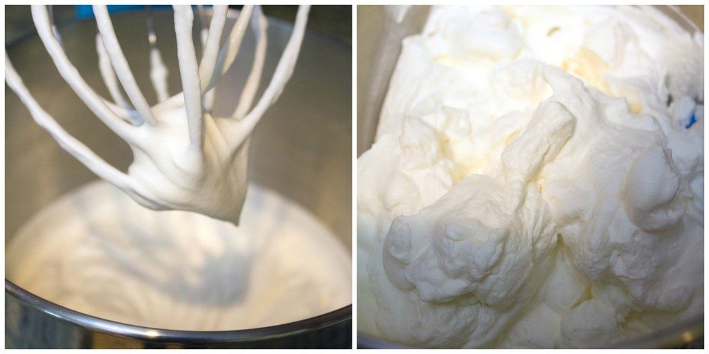 Collage showing process for making marshmallow whipped cream, including cream being beaten and marshmallow whipped cream in mixing bowl