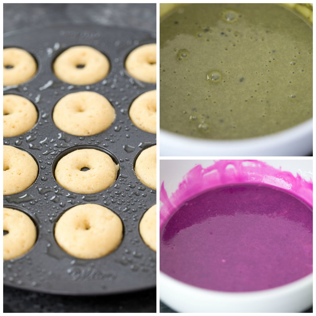 Collage showing process for making mini donuts, including mini donuts in pan, pink icing in bowl and green icing in bowl