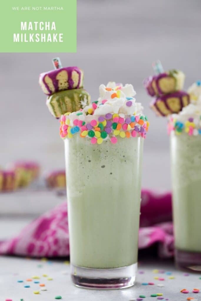 Matcha Milkshakes -- With only three ingredients, you could be enjoying a Matcha Milkshake, packed with antioxidants and creamy sweetness, in just minutes. Add whipped cream, sprinkles, and mini donuts for some extra fun | wearenotmartha.com #matcha #milkshakes #donuts #greentea