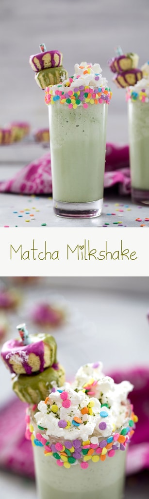 Matcha Milkshakes -- With only three ingredients, you could be enjoying a Matcha Milkshake, packed with antioxidants and creamy sweetness, in just minutes. Add whipped cream, sprinkles, and mini donuts for some extra fun | wearenotmartha.com