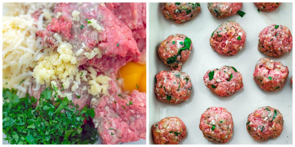 Collage showing process for making meatballs, including all meatball ingredients in a bowl and meatballs rolled out in a dish