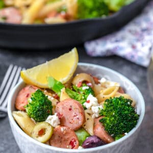 Mediterranean Pasta with Chicken Sausage -- Looking for an easy weeknight dinner that's packed with flavor? This Mediterranean pasta with chicken sausage, broccoli, olives, and feta is an easy-to-make meal that the whole family will love! | wearenotmartha.com #pasta #pastarecipes #mediterranean #chickensausage
