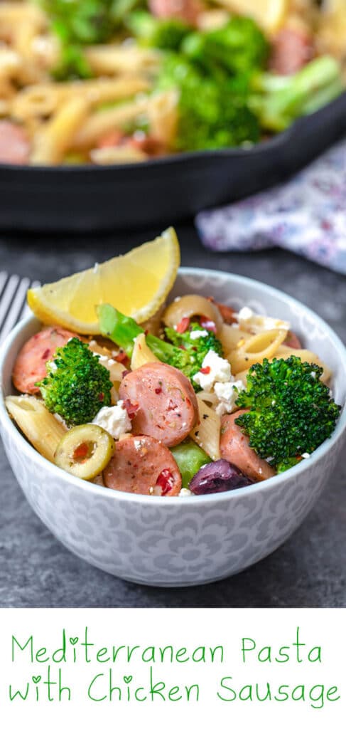 Mediterranean Pasta with Chicken Sausage -- Looking for an easy weeknight dinner that's packed with flavor? This Mediterranean pasta with chicken sausage, broccoli, olives, and feta is an easy-to-make meal that the whole family will love! | wearenotmartha.com #pasta #pastarecipes #mediterranean #chickensausage