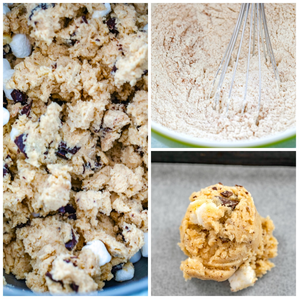 Collage showing process for making Mexican chocolate cookies, including flour and cinnamon whisked together, cookie dough with mini marshmallows and dark chocolate chunks in mixing bowl, and scoops of dough on cookie sheet ready for baking