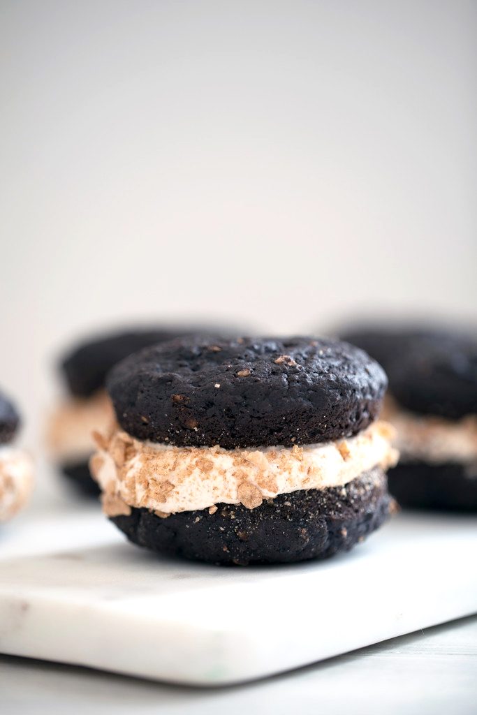 Mexican Chocolate Whoopie Pies with Cinnamon Pebbles -- Whoopie Pies with chocolate, cinnamon, cereal, and marshmallow buttercream | wearenotmartha.com