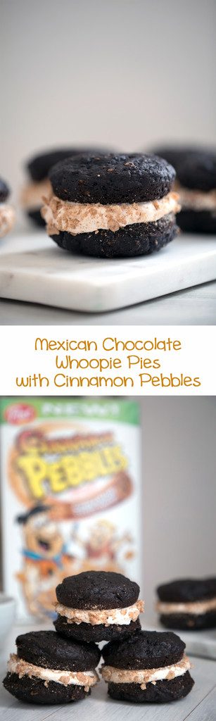 Mexican Chocolate Whoopie Pies with Cinnamon Pebbles -- Whoopie Pies with chocolate, cinnamon, cereal, and marshmallow buttercream | wearenotmartha.com