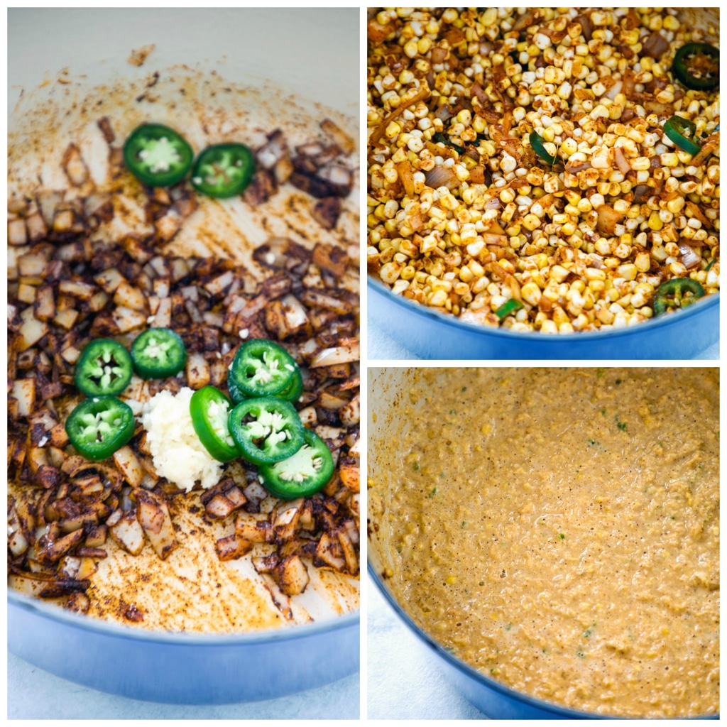 Collage of chilled Mexican corn bisque being made, including photo of onions, spices, garlic, and jalapeño slices in dutch oven, photo of onions, garlic, spices, and jalapeño mixed with corn kernels, and photo of all ingredients pureed in dutch oven