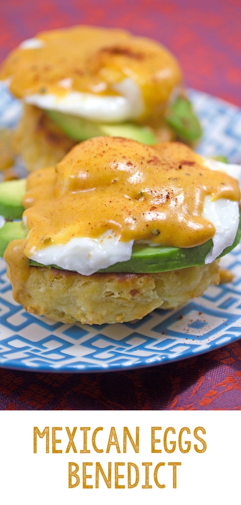 Mexican Eggs Benedict -- With homemade chorizo biscuits, avocado, and chipotle hollandaise sauce, this Mexican Eggs Benedict will quickly become your new favorite brunch recipe! | wearenotmartha.com #eggsbenedict #mexican #chipotle #avocado #poachedeggs