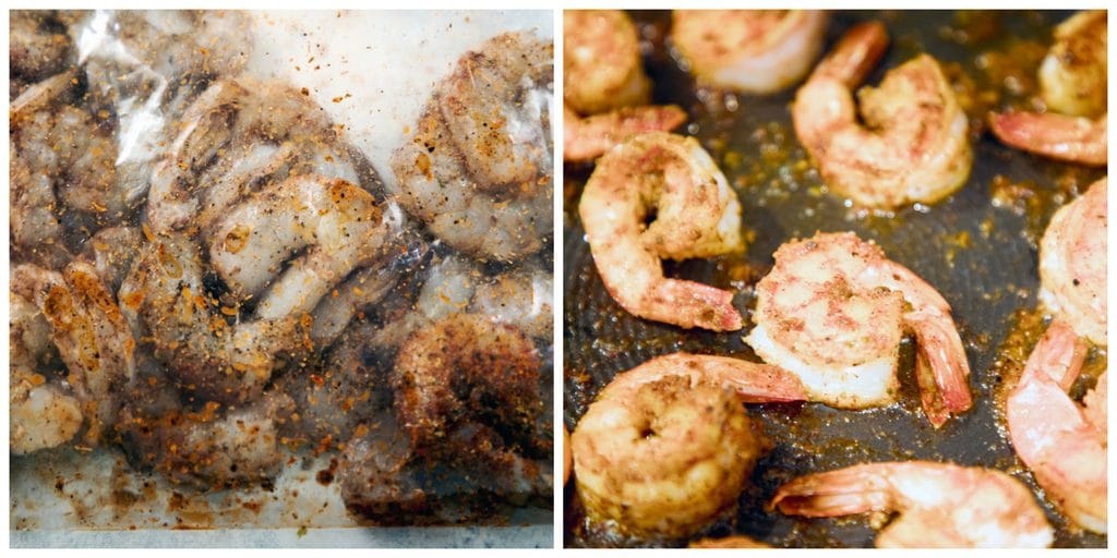 Collage of Mexican shrimp being prepared, including photo of shrimp marinating in lime juice and spices in a plastic bag and photo of shrimp being cooked in skillet