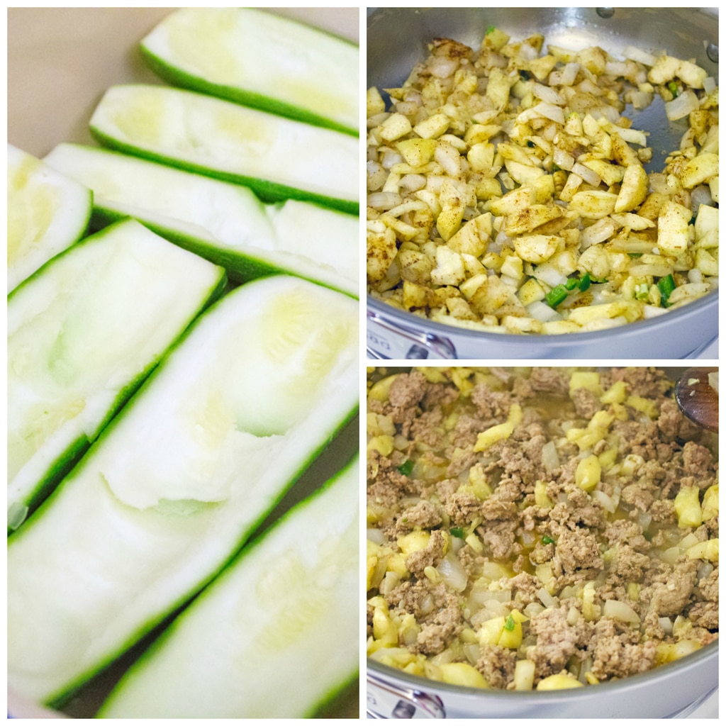 Collage showing process for making Mexican zucchini boats, including hollowed out zucchinis in a baking dish; onions, chopped zucchini, garlic, and spices in a sauté dish; and turkey added into the sauté dish