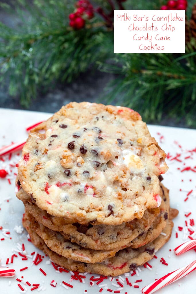 View of a stack of Milk Bar's Cornflake Chocolate Chip Candy Cane Cookies with sprinkles and candy canes all around, holly in background, and recipe title at top