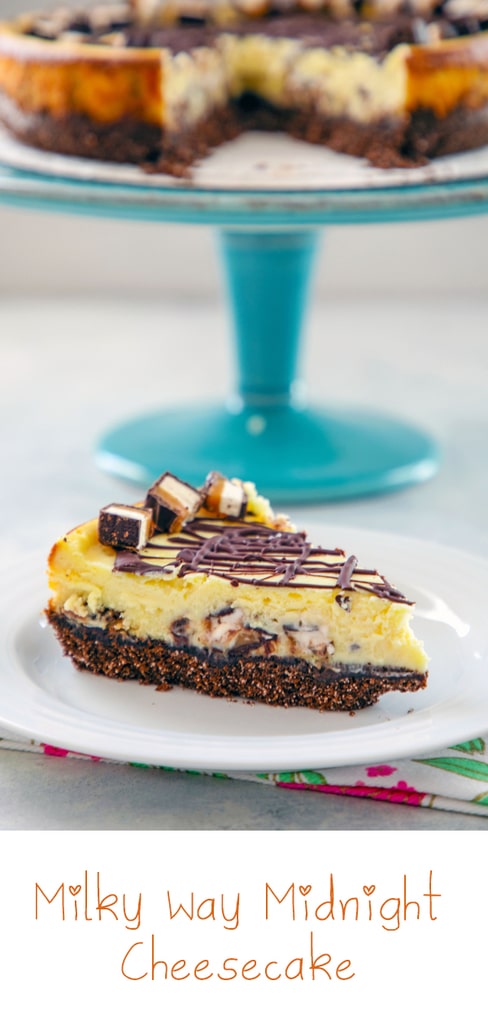 Milky Way Midnight Cheesecake -- This Milky Way Cheesecake is made with Milky Way Midnight Dark Chocolate bars for an extra decadent cheesecake that tastes like it came straight from a bakery | wearenotmartha.com