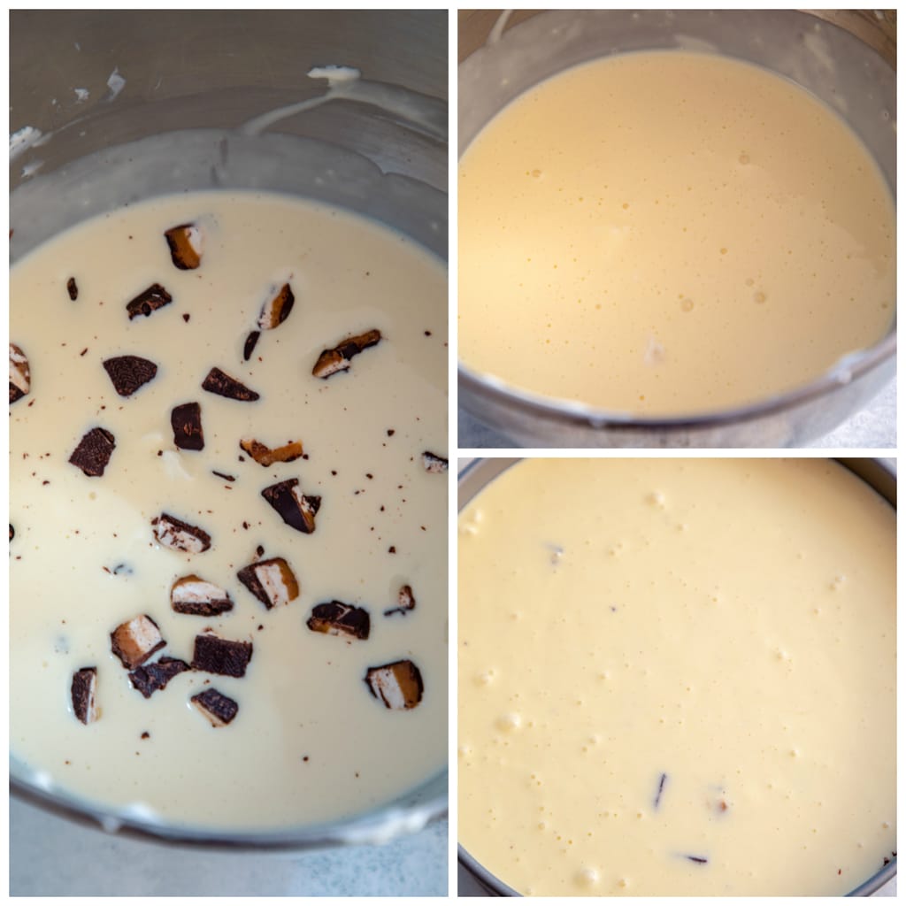 Collage showing cheesecake filling making process, including cheesecake mixture in mixing bowl at various stages