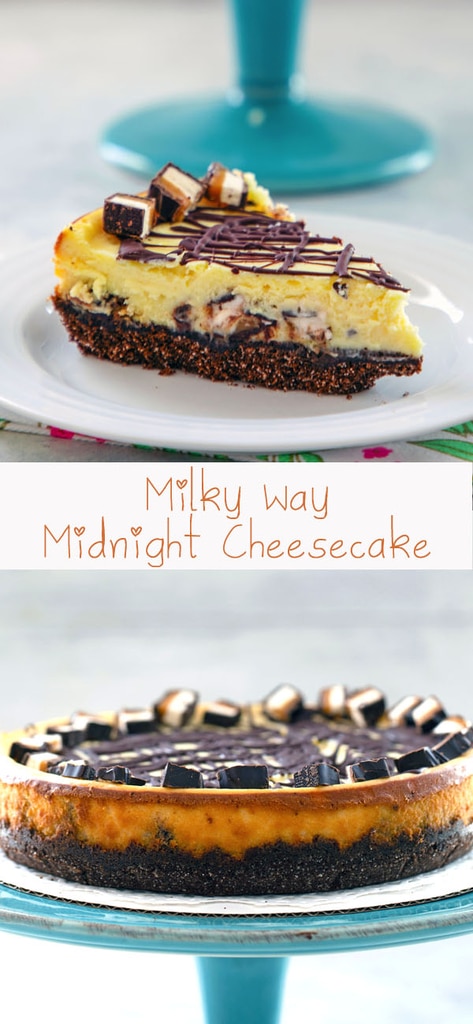 Milky Way Midnight Cheesecake -- This Milky Way Cheesecake is made with Milky Way Midnight Dark Chocolate bars for an extra decadent cheesecake that tastes like it came straight from a bakery | wearenotmartha.com #cheesecake #milkyway #dessert #candy