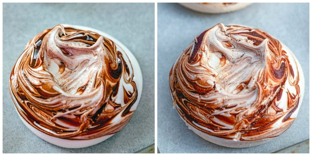 Collage showing how chocolate swirled pavlovas look on baking sheet before baking and how they look out of the oven