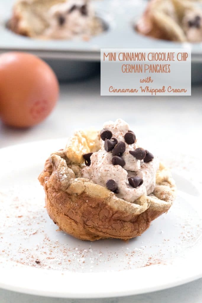 Mini Cinnamon Chocolate Chip German Pancakes with Cinnamon Whipped Cream -- bite-sized brunch made in a muffin tin! | wearenotmartha.com