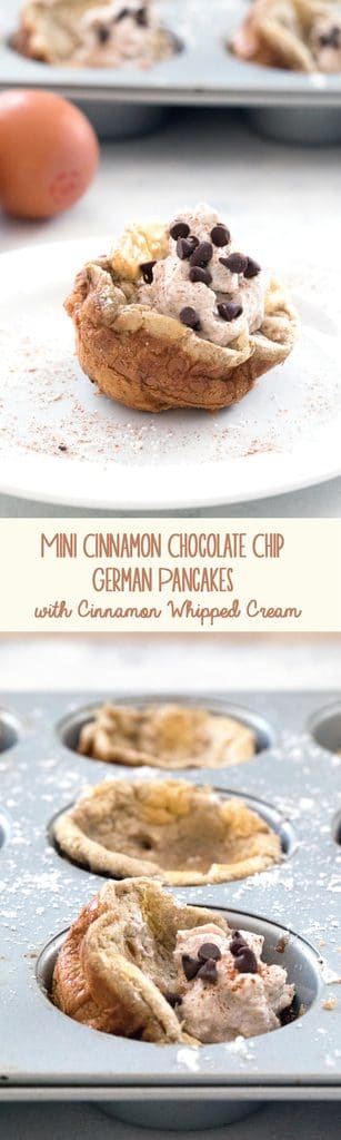 Mini Cinnamon Chocolate Chip German Pancakes with Cinnamon Whipped Cream -- bite-sized brunch made in a muffin tin! | wearenotmartha.com