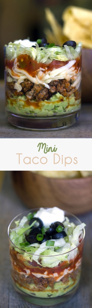 Mini Taco Dips -- You'll never have to fear double dipping again with these Mini Taco Dips! The perfect food to serve at a cocktail party or BBQ, everyone will love getting their own personal-sized taco dip | wearenotmartha.com #tacodip #party #appetizer #minifood