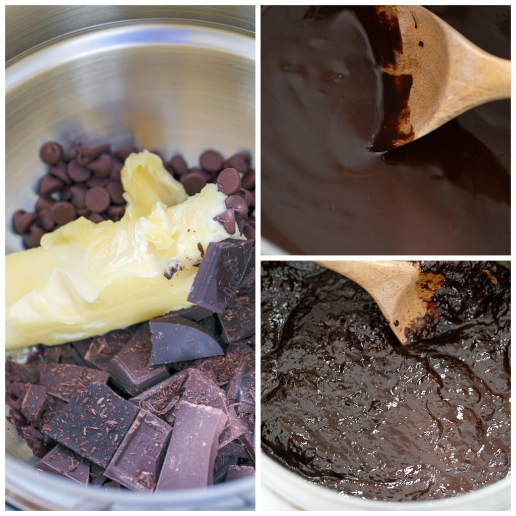Collage showing process for making brownies, including saucepan with chocolate and butter in it, saucepan with chocolate and butter melted, and saucepan with brownie batter