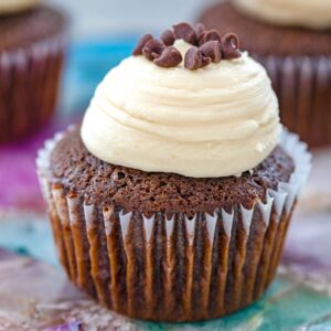 Chocolate Mint Chocolate Chip Cupcakes -- This recipe for Chocolate Mint Chocolate Chip Cupcakes is the only chocolate cupcake recipe you'll ever need! They're chocolatey and moist and even better when topped with Baileys frosting | wearenotmartha.com