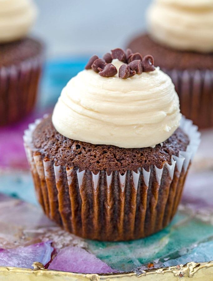 Chocolate Mint Chocolate Chip Cupcakes -- This recipe for Chocolate Mint Chocolate Chip Cupcakes is the only chocolate cupcake recipe you'll ever need! They're chocolatey and moist and even better when topped with Baileys frosting | wearenotmartha.com