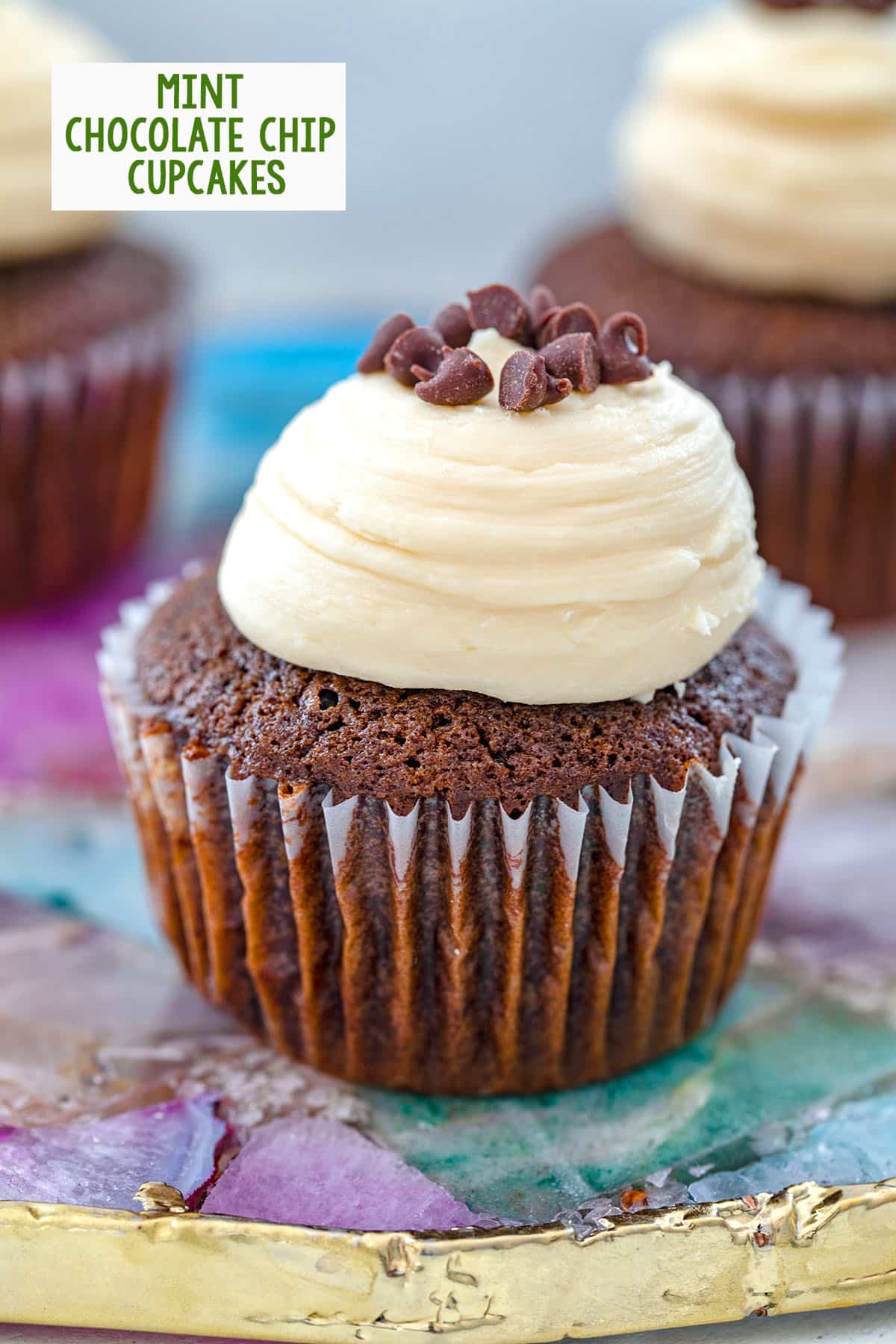 Head-on view of a chocolate mint chocolate chip cupcake topped with a mound of Baileys frosting and mini chocolate chips on a colorful platter with recipe name at top.