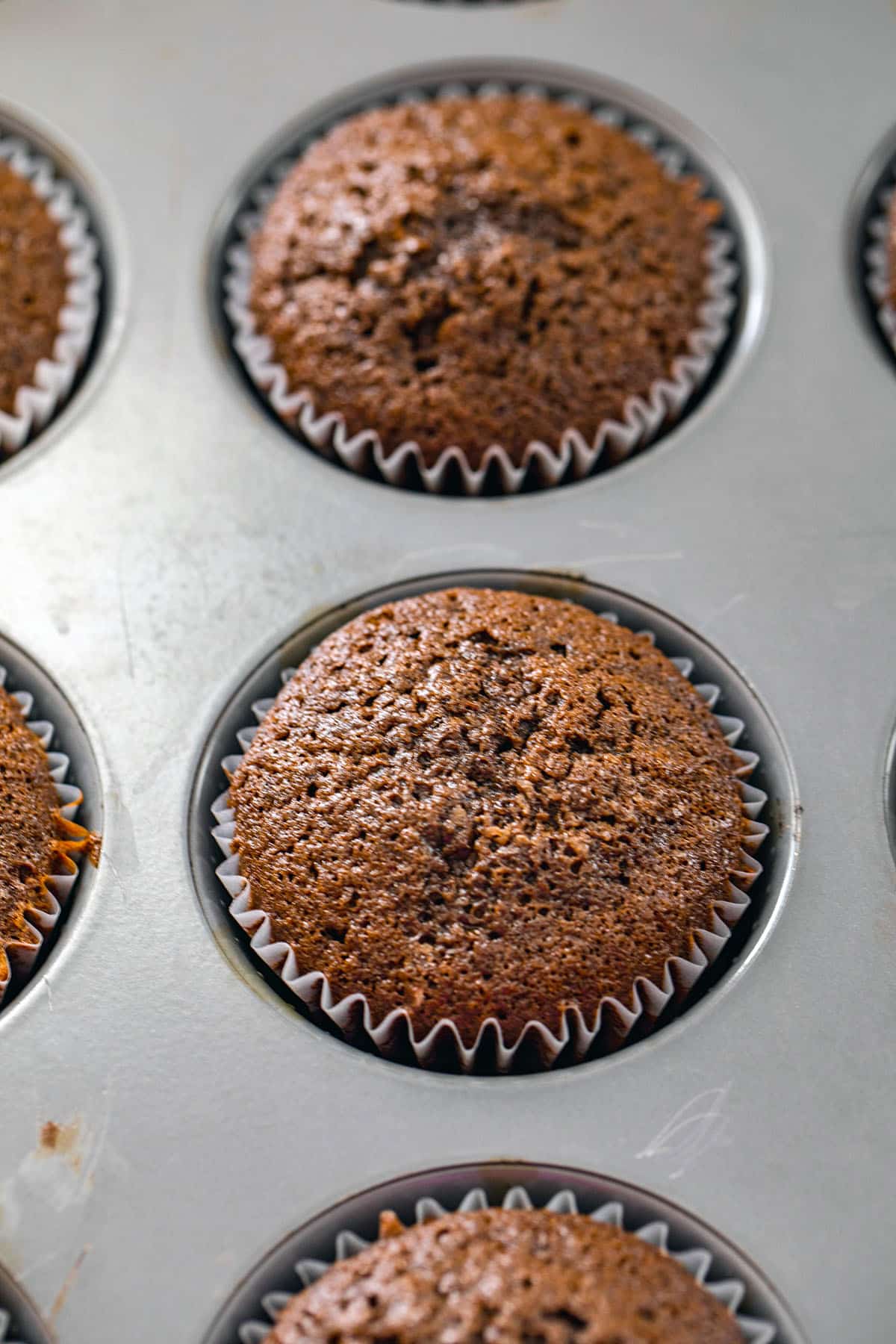 Chocolate cupcakes baked in tin.