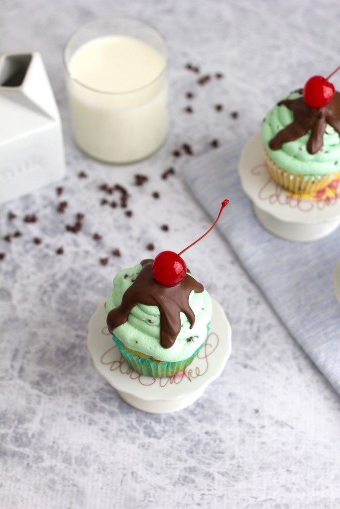 Mint Chocolate Chip Ice Cream Cupcakes -- An ice cream sundae in cupcake form! | wearenotmartha.com