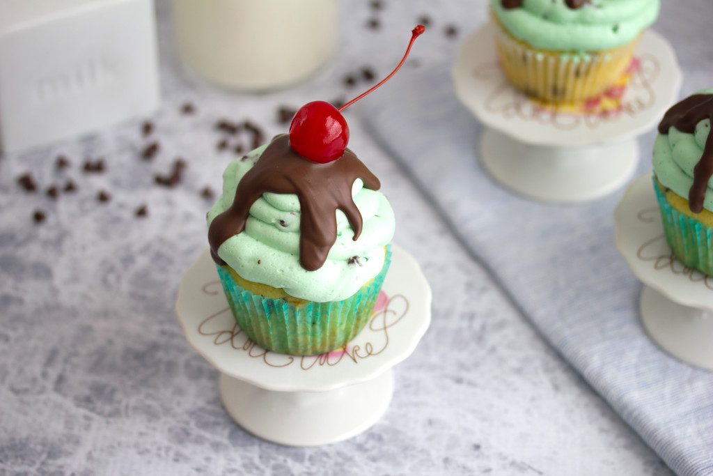 Mint Chocolate Chip Ice Cream Cupcakes -- An ice cream sundae in cupcake form! | wearenotmartha.com