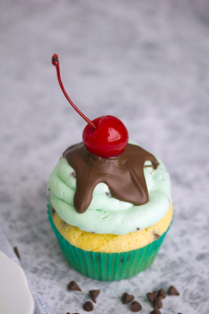 Mint Chocolate Chip Ice Cream Cupcakes -- An ice cream sundae in cupcake form! | wearenotmartha.com