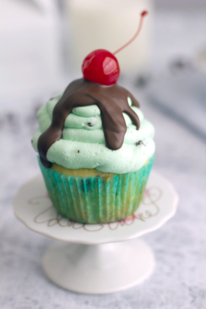 Mint Chocolate Chip Ice Cream Cupcakes -- An ice cream sundae in cupcake form! | wearenotmartha.com