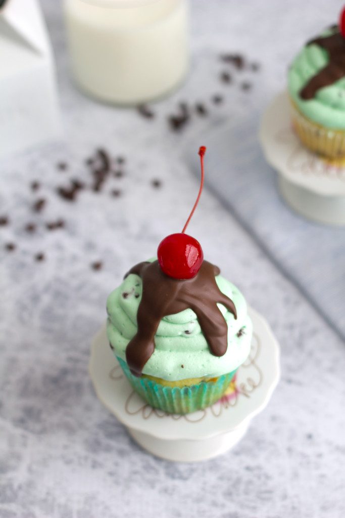 Mint Chocolate Chip Ice Cream Cupcakes -- An ice cream sundae in cupcake form! | wearenotmartha.com